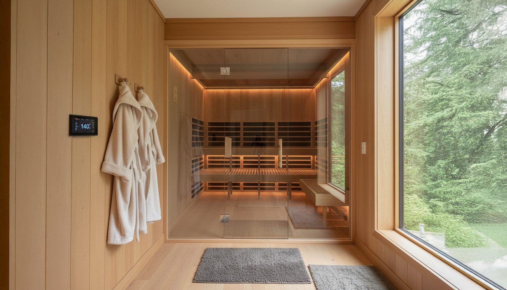 Custom infrared sauna in Western Red Cedar with bench seating and positioned far-infrared heaters by SaunaCloud